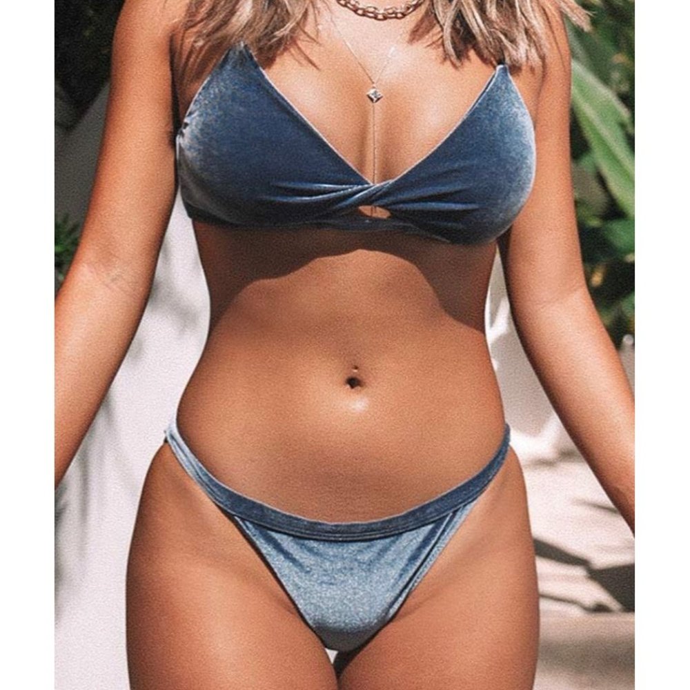 Cupshe Silvery Gray blue Velvet Swimsuit Two Piece  Bikini New Size Medium